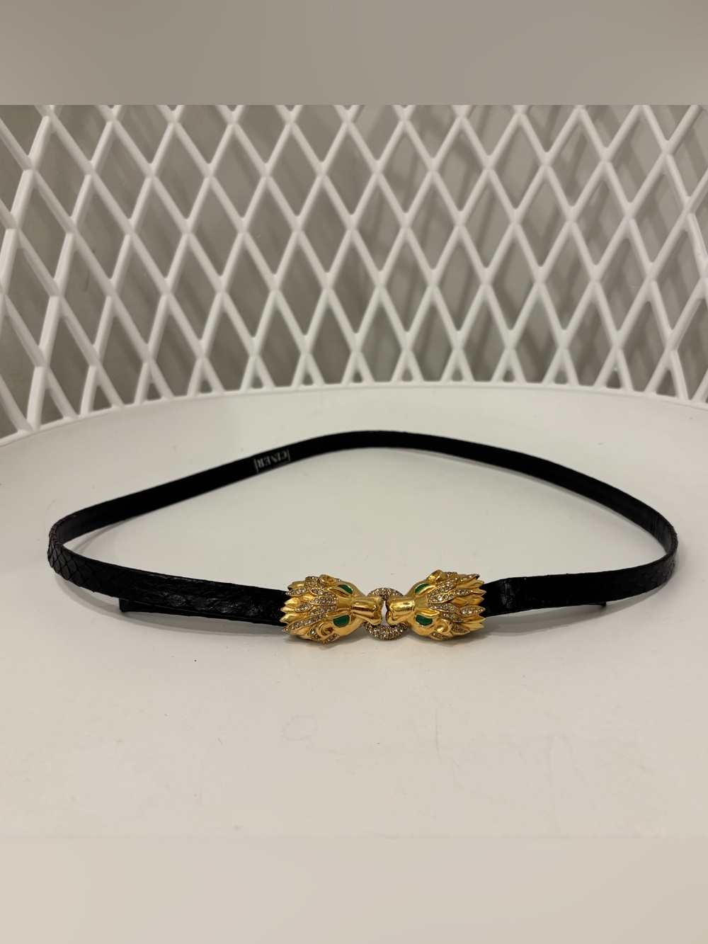 Vintage Ciner Leather Belt with Gold Twin-Head Buckle and Green Enamel Accents